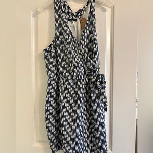 Faux wrap dress, navy and white